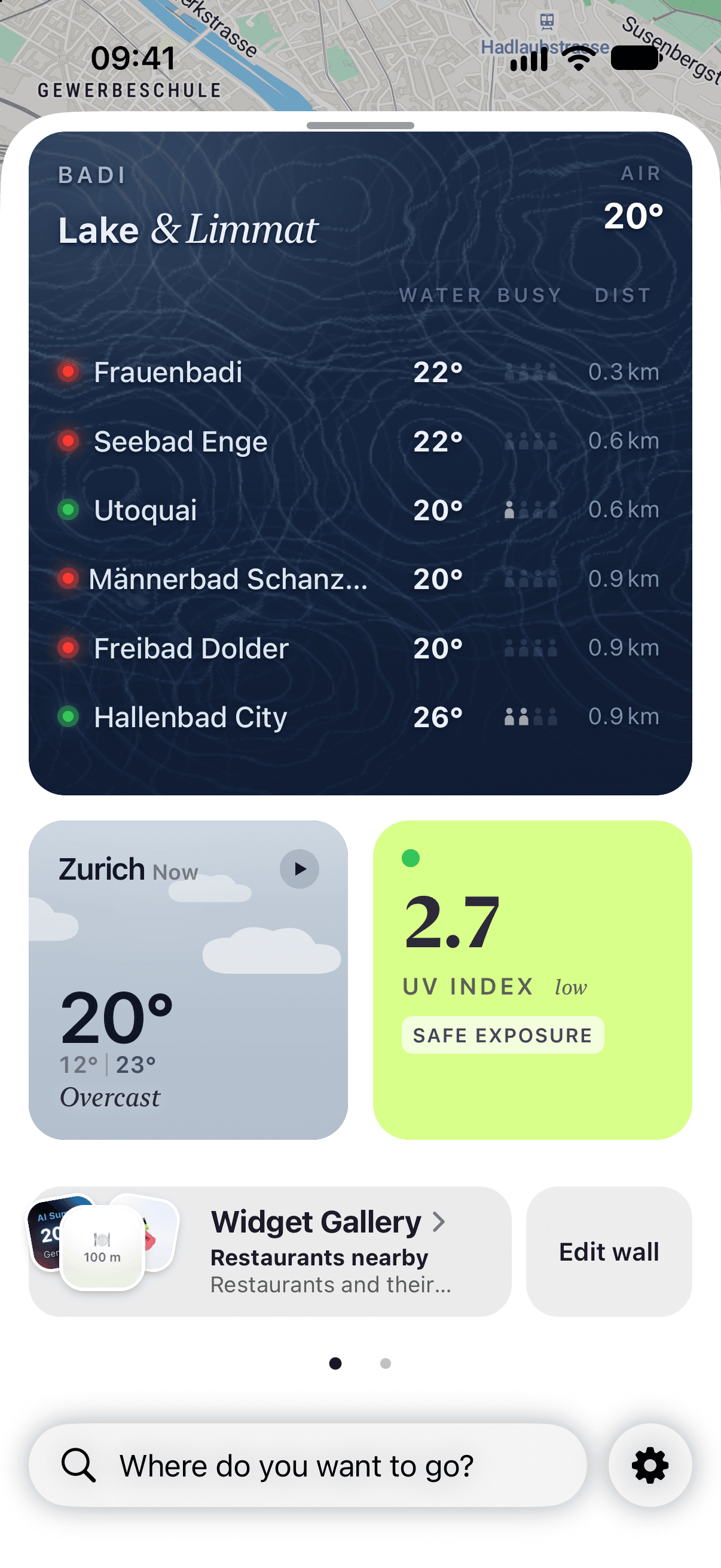 Ari for a morning swim: lake and Limmat water temperatures first, with weather and UV index below.
