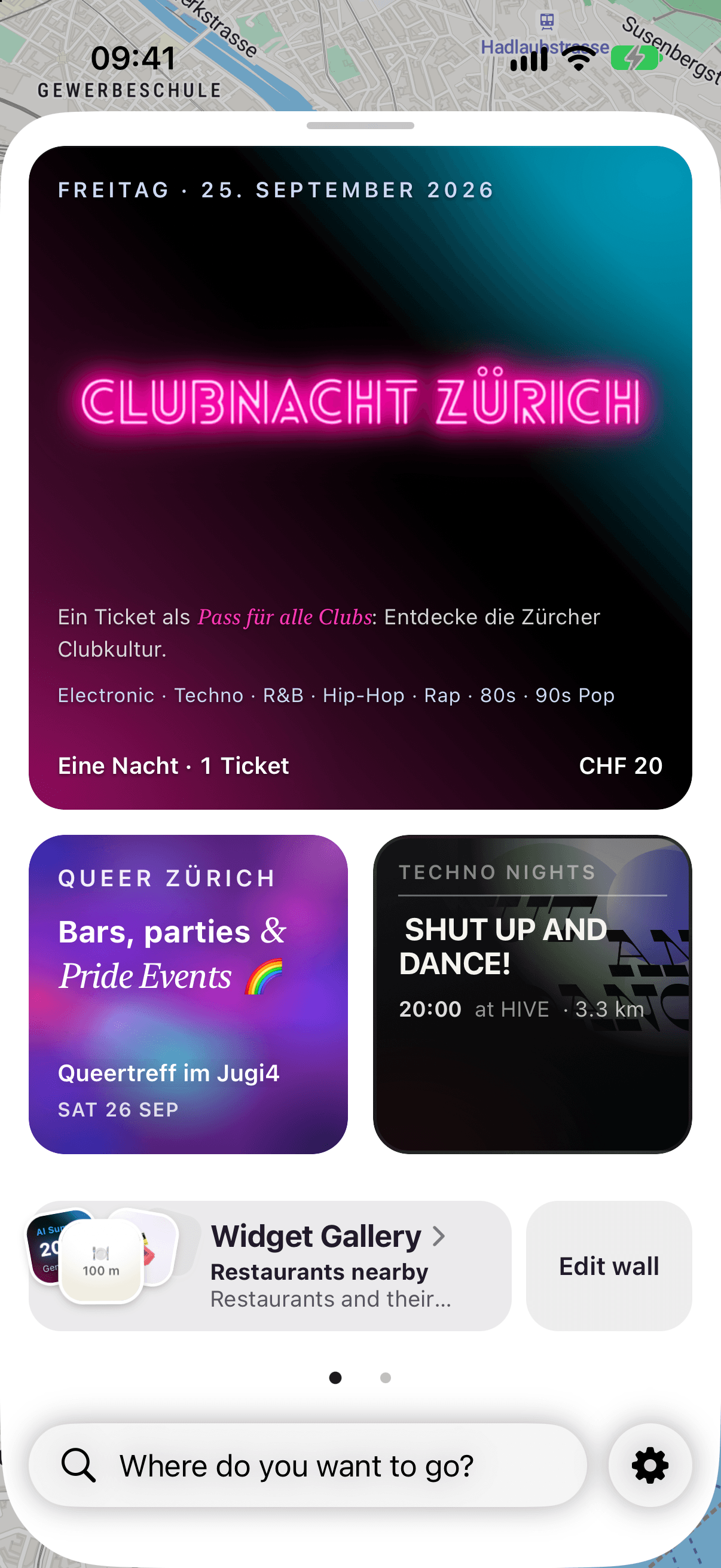 Ari for a night out: Clubnacht Zürich, Queer Zürich and Techno Nights on one screen.