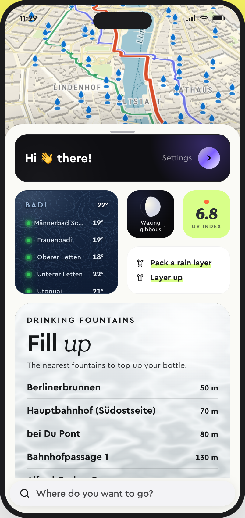 Ari home screen: live Zürich widgets for lake temperatures, moon phase, UV index, weather tips, and drinking fountains